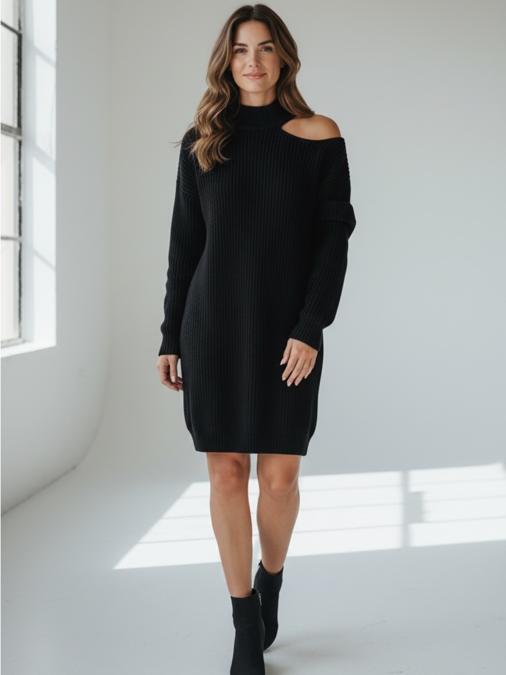 DAVI & DANI Black One-Shoulder Rib Knit Sweater Dress